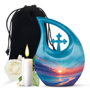 Vivid Teal Beach Cremation Urn top-down view of secure threaded lid - devotional cross-drop beach engraving - full-size 10 inch 200 cubic inch adult cremation urn