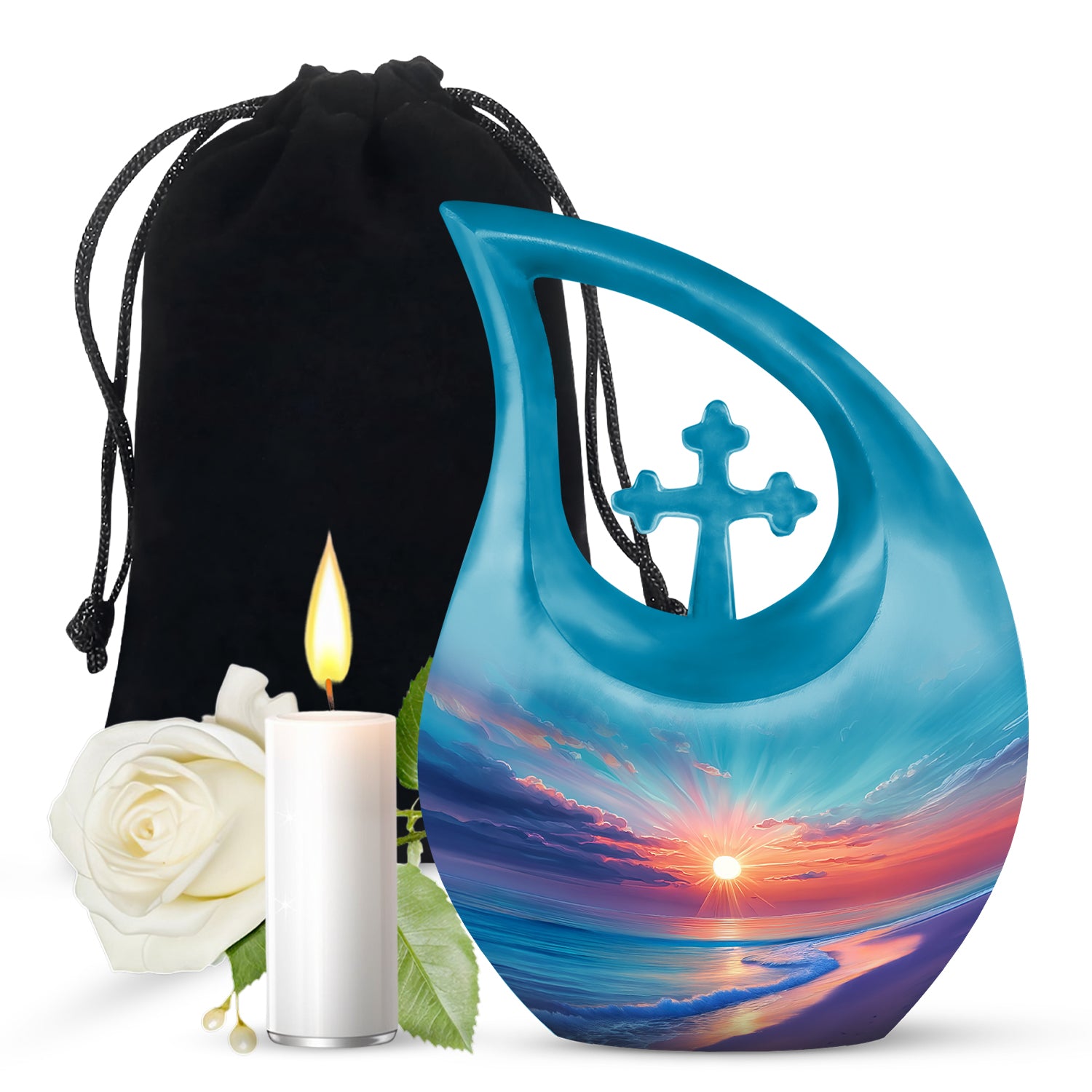 Vivid Teal Beach Cremation Urn top-down view of secure threaded lid - devotional cross-drop beach engraving - full-size 10 inch 200 cubic inch adult cremation urn