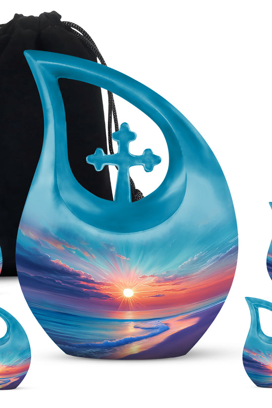 Aqua Teal Beach Cremation Urn urn with complimentary velvet bag - devotional cross-drop beach engraving - memorial set with one large and four small urns