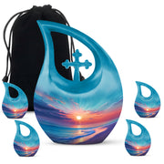 Aqua Teal Beach Cremation Urn urn with complimentary velvet bag - devotional cross-drop beach engraving - memorial set with one large and four small urns