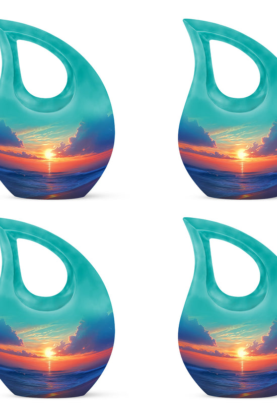 Soft Teal Beach Cremation Urn lifestyle display on memorial shelf - sacred cross merged with beach motif on metal - 10 inch aluminum urn for cremated remains