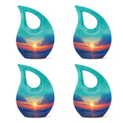 Soft Teal Beach Cremation Urn lifestyle display on memorial shelf - sacred cross merged with beach motif on metal - 10 inch aluminum urn for cremated remains