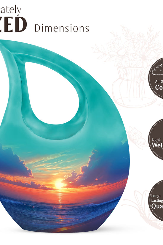 Cool Teal Beach Cremation Urn back view with polished surface - cross and beach combined in spiritual memorial design - mini keepsake memorial for portion of cremation ashes