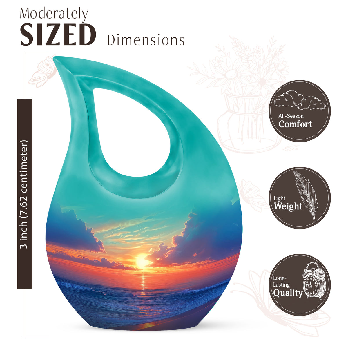 Cool Teal Beach Cremation Urn back view with polished surface - cross and beach combined in spiritual memorial design - mini keepsake memorial for portion of cremation ashes