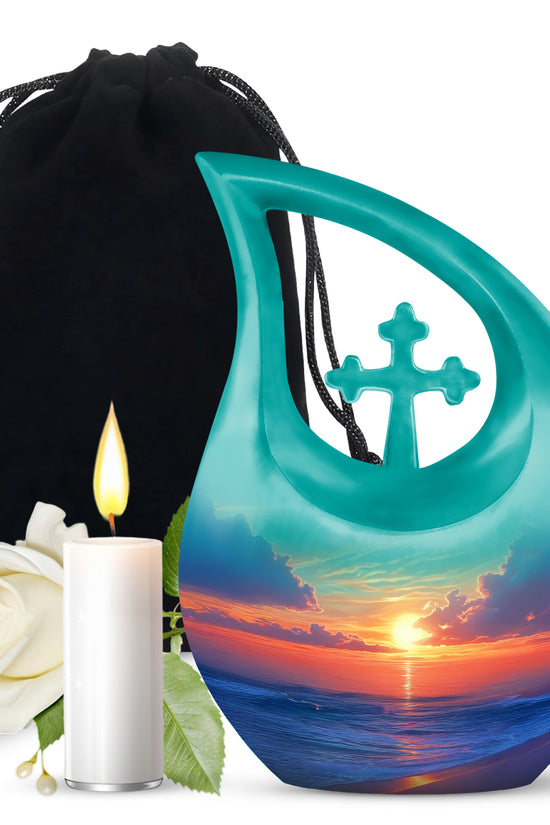 Sea Green Teal Beach Cremation Urn top-down view of secure threaded lid - cross and beach combined in spiritual memorial design - full-size 10 inch 200 cubic inch adult cremation urn