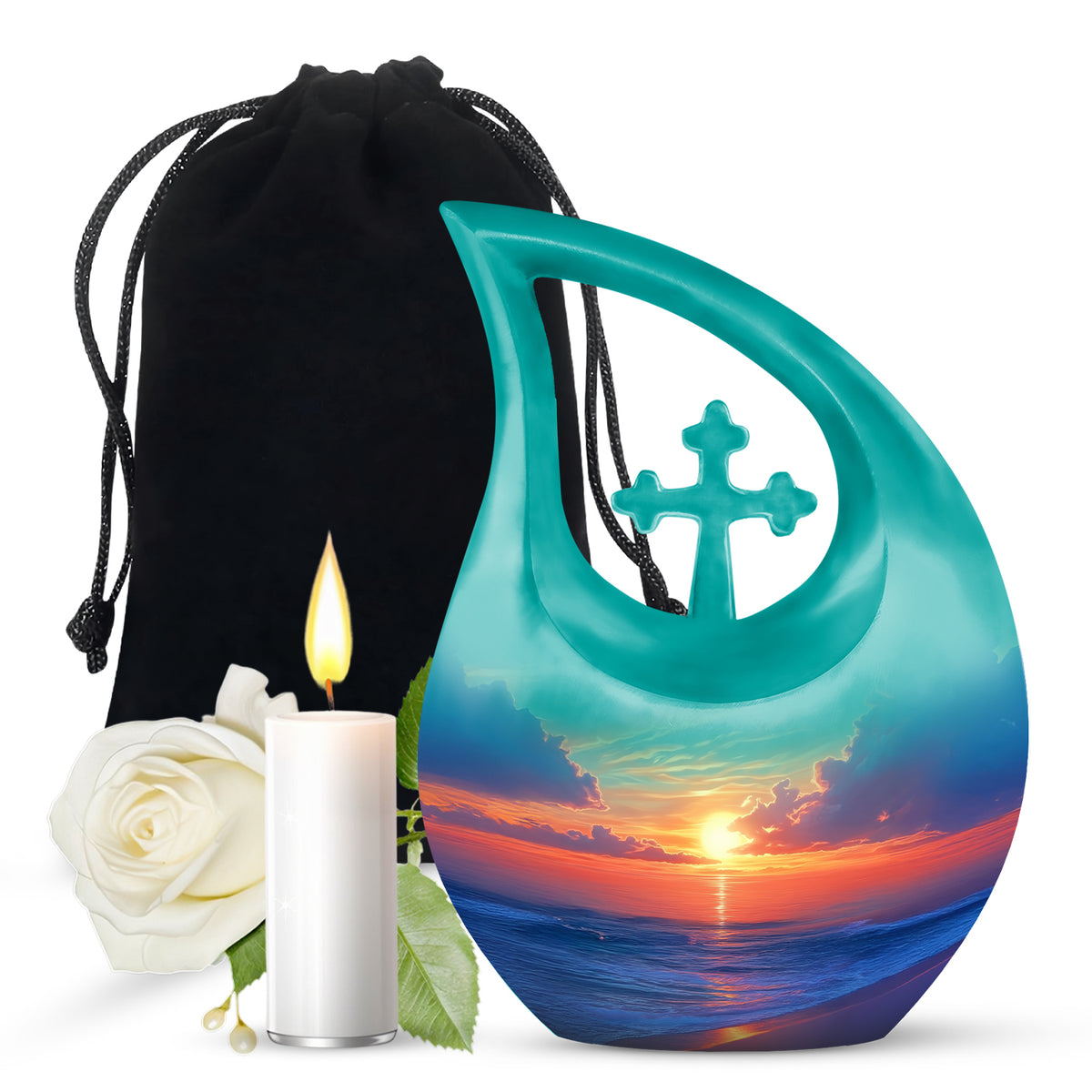 Sea Green Teal Beach Cremation Urn top-down view of secure threaded lid - cross and beach combined in spiritual memorial design - full-size 10 inch 200 cubic inch adult cremation urn