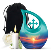 Sea Green Teal Beach Cremation Urn top-down view of secure threaded lid - cross and beach combined in spiritual memorial design - full-size 10 inch 200 cubic inch adult cremation urn