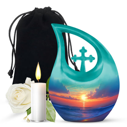 Sea Green Teal Beach Cremation Urn top-down view of secure threaded lid - cross and beach combined in spiritual memorial design - full-size 10 inch 200 cubic inch adult cremation urn