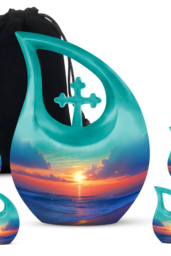Tropical Teal Beach Cremation Urn urn with complimentary velvet bag - faith-inspired cross-drop urn with beach pattern - memorial set with one large and four small urns