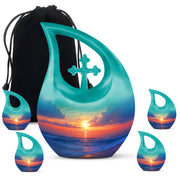 Tropical Teal Beach Cremation Urn urn with complimentary velvet bag - faith-inspired cross-drop urn with beach pattern - memorial set with one large and four small urns