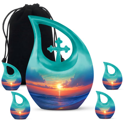 Tropical Teal Beach Cremation Urn urn with complimentary velvet bag - faith-inspired cross-drop urn with beach pattern - memorial set with one large and four small urns