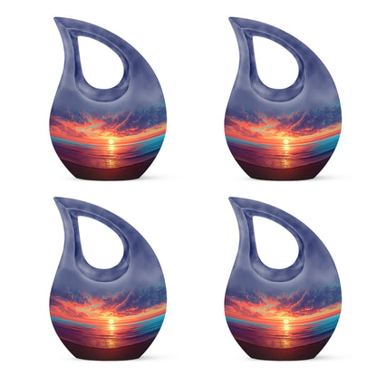 Icy Blue Beach Cremation Urn lifestyle display on memorial shelf - cross and beach combined in spiritual memorial design - 10 inch aluminum urn for cremated remains
