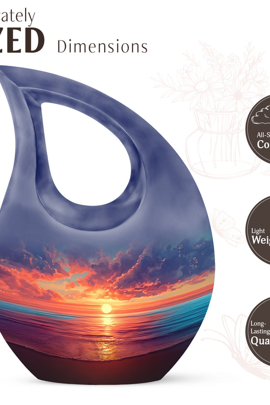 Icy Blue Beach Cremation Urn back view with polished surface - sacred cross merged with beach motif on metal - mini keepsake memorial for portion of cremation ashes
