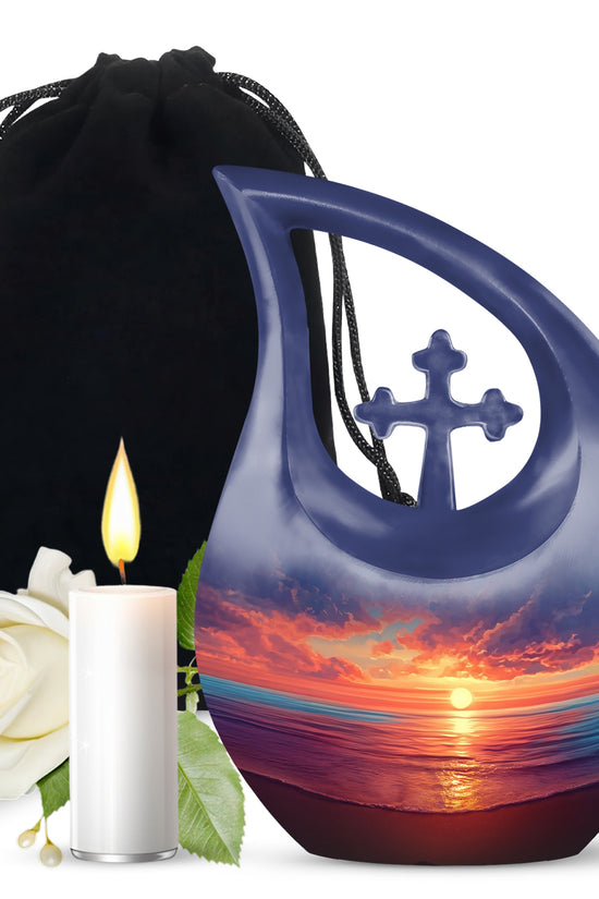 Calming Blue Beach Cremation Urn top-down view of secure threaded lid - faith-inspired cross-drop urn with beach pattern - full-size 10 inch 200 cubic inch adult cremation urn