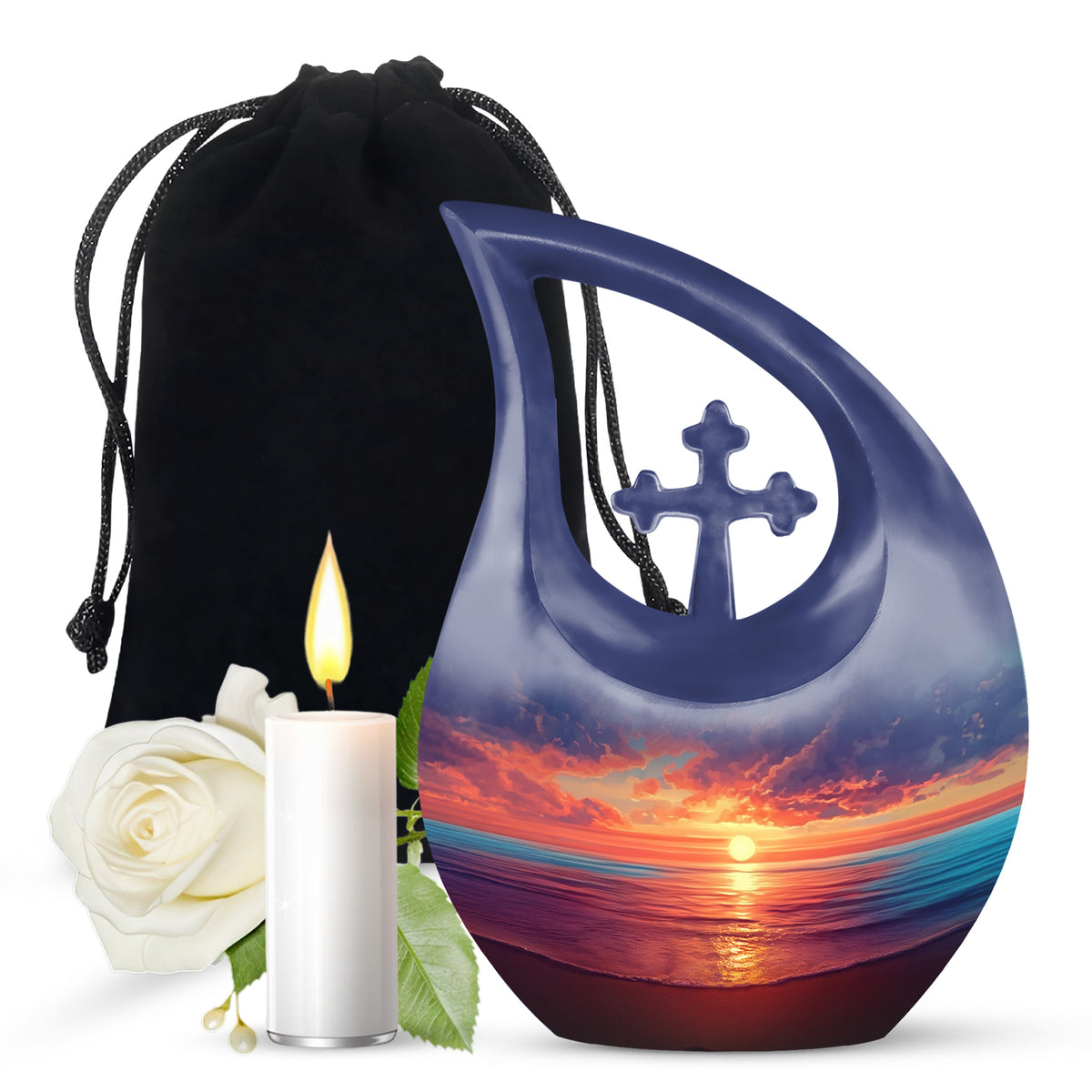 Calming Blue Beach Cremation Urn top-down view of secure threaded lid - faith-inspired cross-drop urn with beach pattern - full-size 10 inch 200 cubic inch adult cremation urn