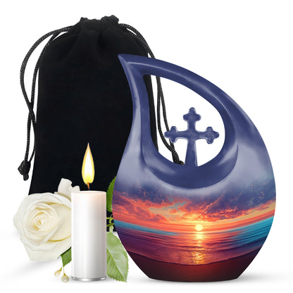 Calming Blue Beach Cremation Urn top-down view of secure threaded lid - faith-inspired cross-drop urn with beach pattern - full-size 10 inch 200 cubic inch adult cremation urn