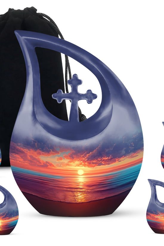 Royal Blue Beach Cremation Urn urn with complimentary velvet bag - devotional cross-drop beach engraving - memorial set with one large and four small urns