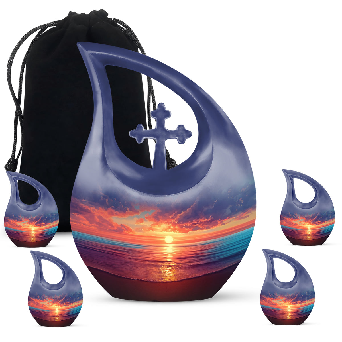 Royal Blue Beach Cremation Urn urn with complimentary velvet bag - devotional cross-drop beach engraving - memorial set with one large and four small urns