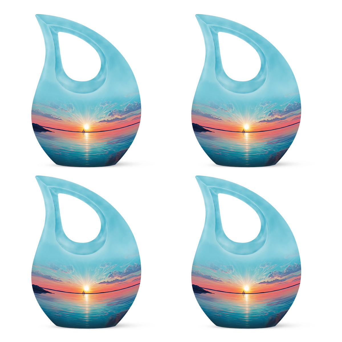 Vivid Teal Beach Cremation Urn lifestyle display on memorial shelf - devotional cross-drop beach engraving - 10 inch aluminum urn for cremated remains
