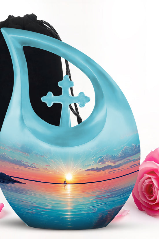 Soft Teal Beach Cremation Urn top-down view of secure threaded lid - cross and beach combined in spiritual memorial design - full-size 10 inch 200 cubic inch adult cremation urn