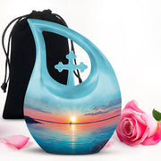 Soft Teal Beach Cremation Urn top-down view of secure threaded lid - cross and beach combined in spiritual memorial design - full-size 10 inch 200 cubic inch adult cremation urn