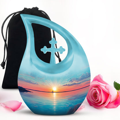 Soft Teal Beach Cremation Urn top-down view of secure threaded lid - cross and beach combined in spiritual memorial design - full-size 10 inch 200 cubic inch adult cremation urn