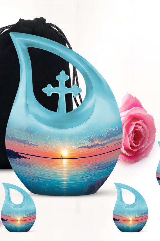 Jewel Teal Beach Cremation Urn urn with complimentary velvet bag - cross and beach combined in spiritual memorial design - memorial set with one large and four small urns