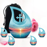 Jewel Teal Beach Cremation Urn urn with complimentary velvet bag - cross and beach combined in spiritual memorial design - memorial set with one large and four small urns