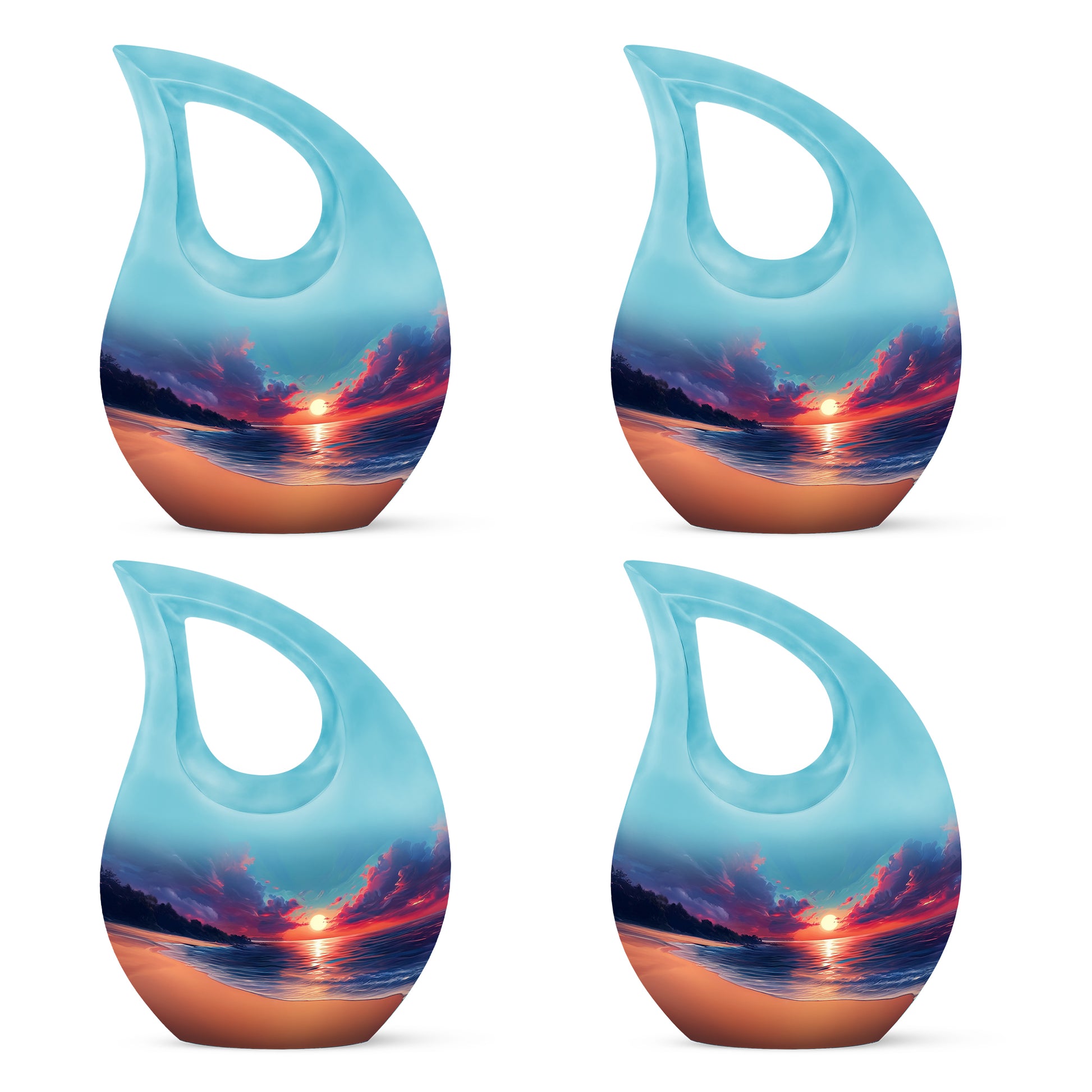 Cobalt Blue Beach Cremation Urn lifestyle display on memorial shelf - devotional cross-drop beach engraving - 10 inch aluminum urn for cremated remains