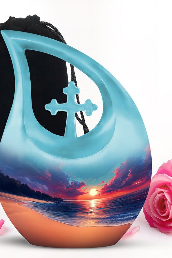 Celestial Blue Beach Cremation Urn top-down view of secure threaded lid - sacred cross merged with beach motif on metal - full-size 10 inch 200 cubic inch adult cremation urn