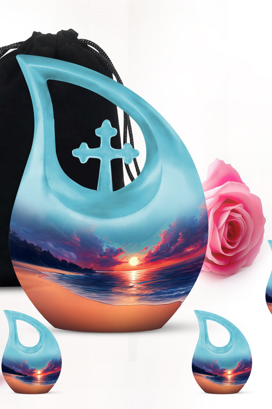Icy Blue Beach Cremation Urn urn with complimentary velvet bag - cross and beach combined in spiritual memorial design - memorial set with one large and four small urns