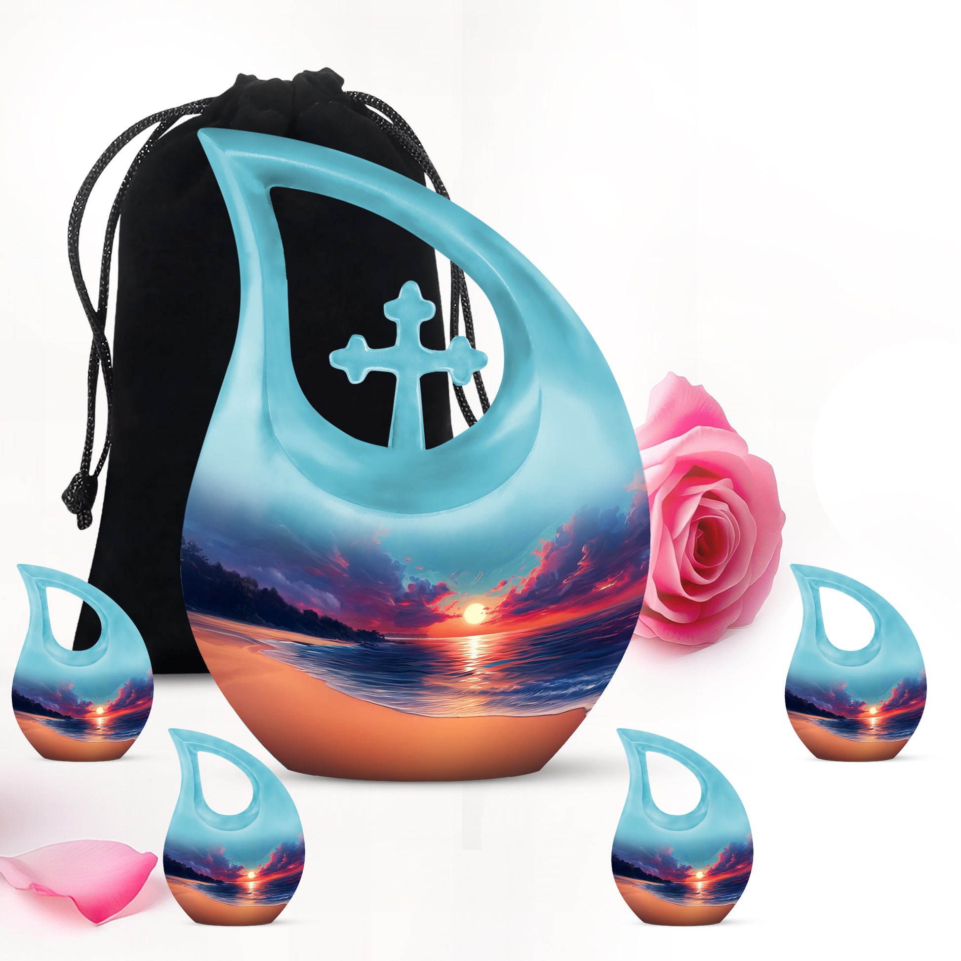 Icy Blue Beach Cremation Urn urn with complimentary velvet bag - cross and beach combined in spiritual memorial design - memorial set with one large and four small urns