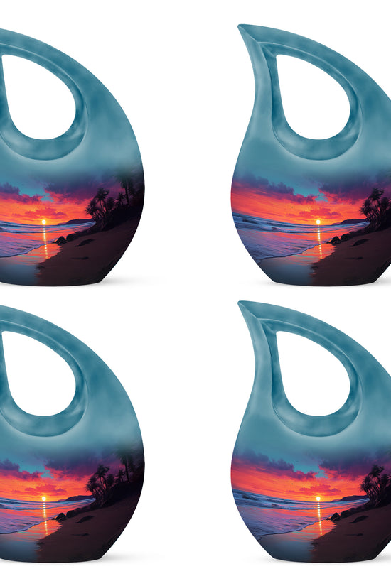 Azure Beach Cremation Urn lifestyle display on memorial shelf - sacred cross merged with beach motif on metal - 10 inch aluminum urn for cremated remains