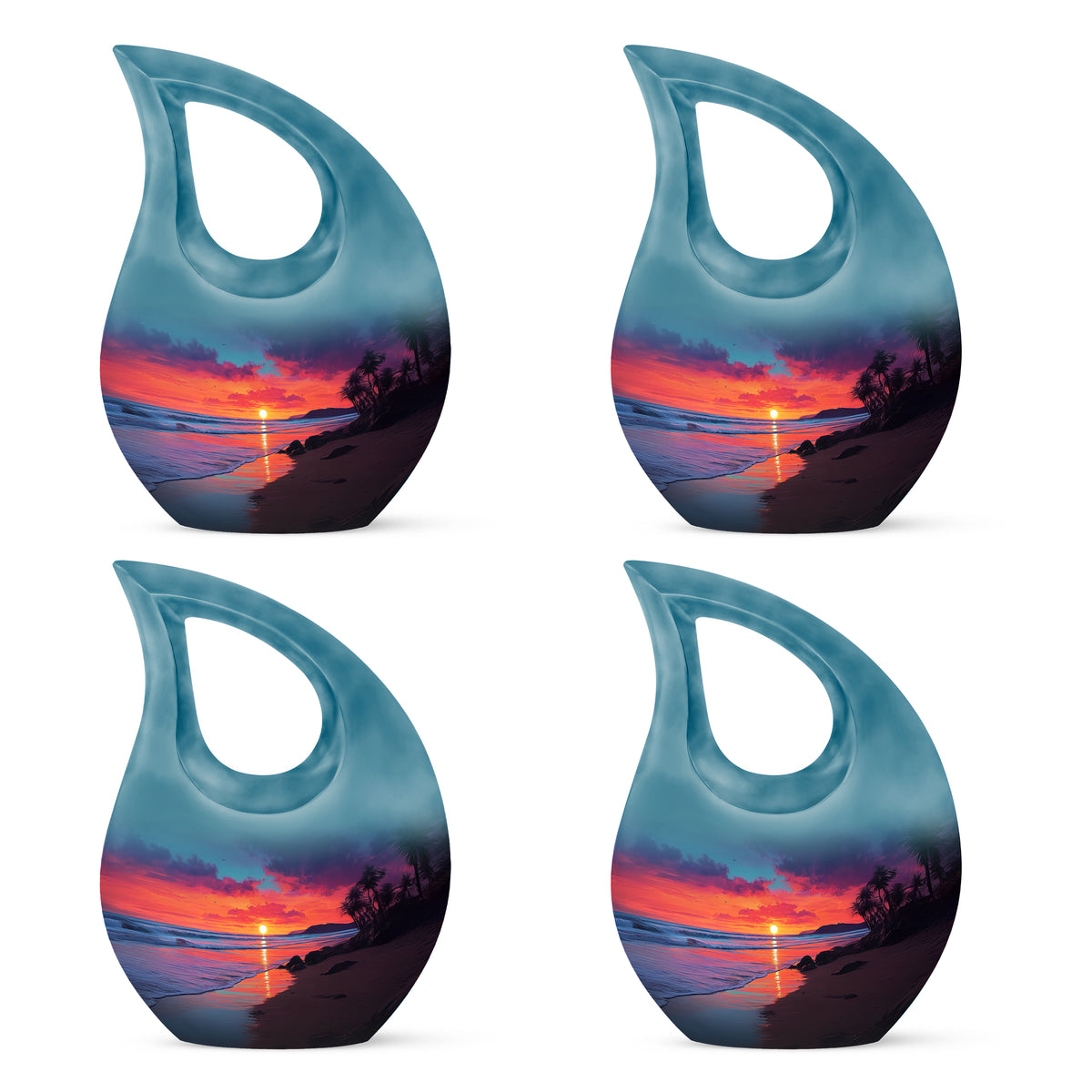 Azure Beach Cremation Urn lifestyle display on memorial shelf - sacred cross merged with beach motif on metal - 10 inch aluminum urn for cremated remains
