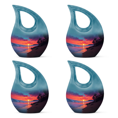 Azure Beach Cremation Urn lifestyle display on memorial shelf - sacred cross merged with beach motif on metal - 10 inch aluminum urn for cremated remains