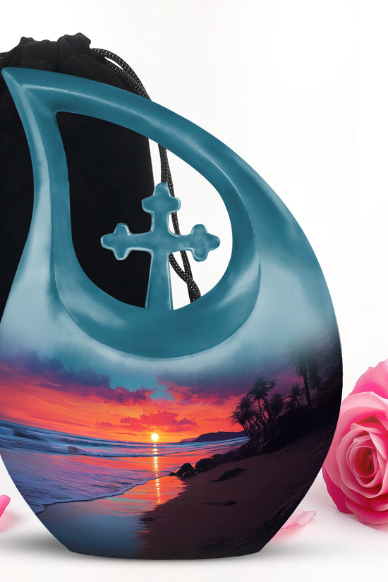Calming Blue Beach Cremation Urn top-down view of secure threaded lid - faith-inspired cross-drop urn with beach pattern - full-size 10 inch 200 cubic inch adult cremation urn