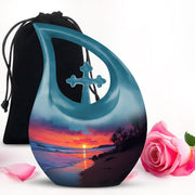 Calming Blue Beach Cremation Urn top-down view of secure threaded lid - faith-inspired cross-drop urn with beach pattern - full-size 10 inch 200 cubic inch adult cremation urn