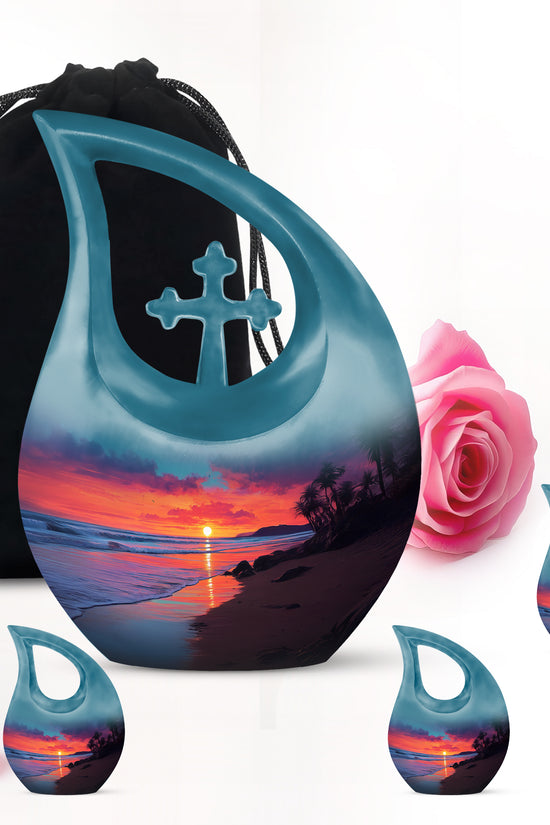 Sapphire Blue Beach Cremation Urn urn with complimentary velvet bag - faith-inspired cross-drop urn with beach pattern - memorial set with one large and four small urns