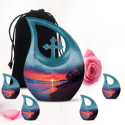 Sapphire Blue Beach Cremation Urn urn with complimentary velvet bag - faith-inspired cross-drop urn with beach pattern - memorial set with one large and four small urns