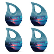 Cobalt Blue Beach Cremation Urn lifestyle display on memorial shelf - faith-inspired cross-drop urn with beach pattern - 10 inch aluminum urn for cremated remains