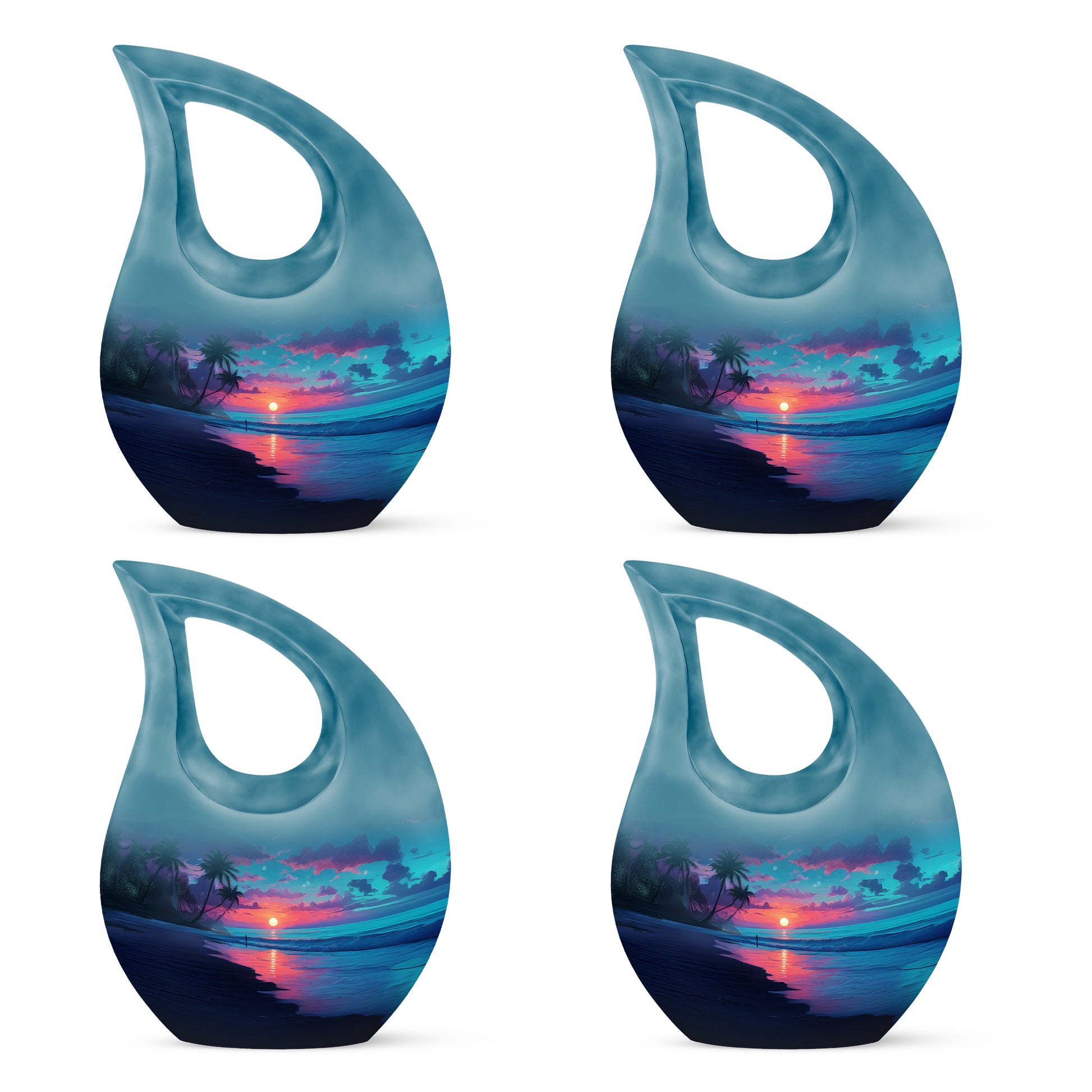Cobalt Blue Beach Cremation Urn lifestyle display on memorial shelf - faith-inspired cross-drop urn with beach pattern - 10 inch aluminum urn for cremated remains