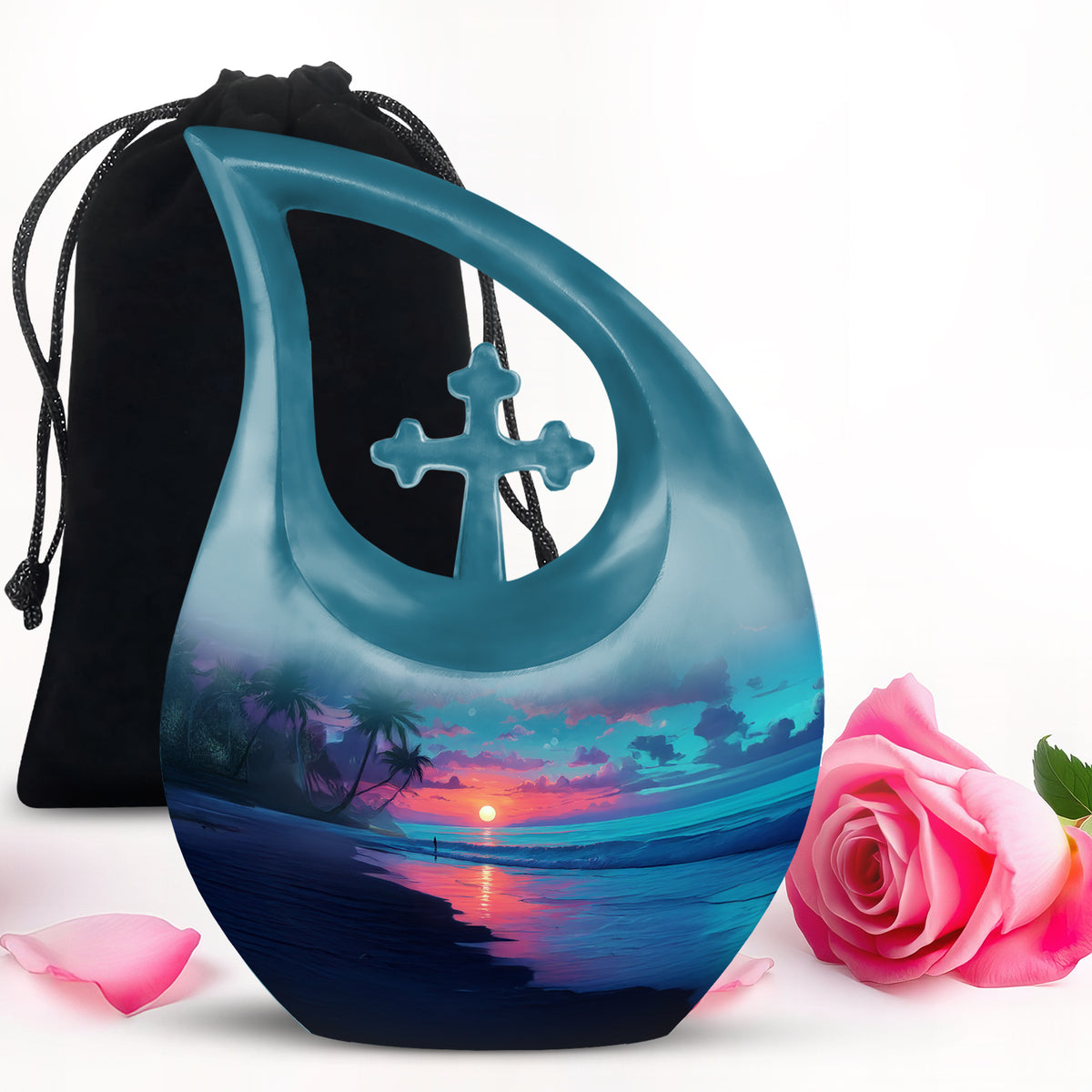 Cornflower Blue Beach Cremation Urn top-down view of secure threaded lid - faith-inspired cross-drop urn with beach pattern - full-size 10 inch 200 cubic inch adult cremation urn
