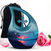 Cornflower Blue Beach Cremation Urn top-down view of secure threaded lid - faith-inspired cross-drop urn with beach pattern - full-size 10 inch 200 cubic inch adult cremation urn
