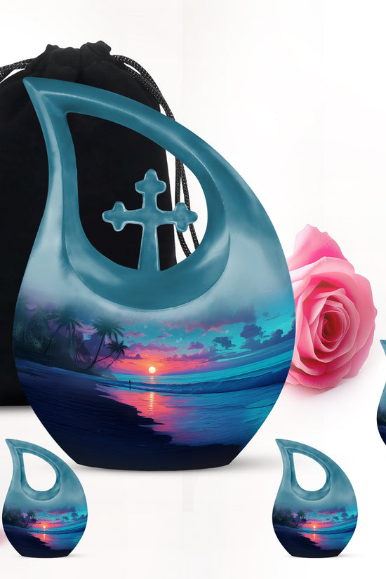 Azure Beach Cremation Urn urn with complimentary velvet bag - sacred cross merged with beach motif on metal - memorial set with one large and four small urns