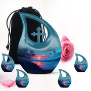 Azure Beach Cremation Urn urn with complimentary velvet bag - sacred cross merged with beach motif on metal - memorial set with one large and four small urns