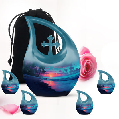 Azure Beach Cremation Urn urn with complimentary velvet bag - sacred cross merged with beach motif on metal - memorial set with one large and four small urns