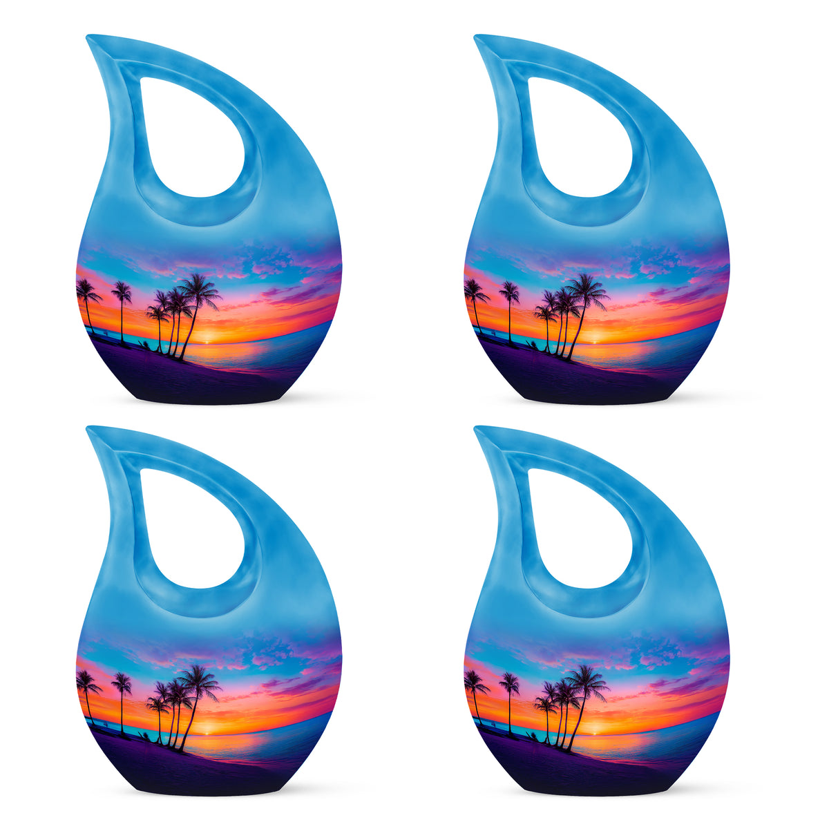 Pastel Blue Beach Cremation Urn lifestyle display on memorial shelf - cross and beach combined in spiritual memorial design - 10 inch aluminum urn for cremated remains