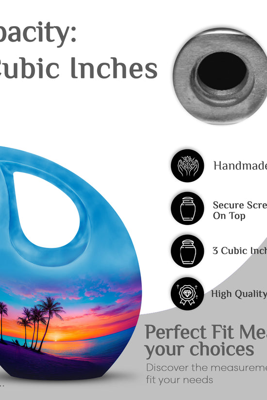 Sky Blue Beach Cremation Urn back view with polished surface - cross and beach combined in spiritual memorial design - mini keepsake memorial for portion of cremation ashes