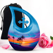 Dusty Blue Beach Cremation Urn top-down view of secure threaded lid - sacred cross merged with beach motif on metal - full-size 10 inch 200 cubic inch adult cremation urn