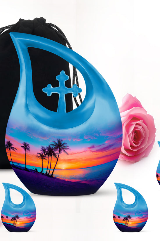 Cornflower Blue Beach Cremation Urn urn with complimentary velvet bag - devotional cross-drop beach engraving - memorial set with one large and four small urns